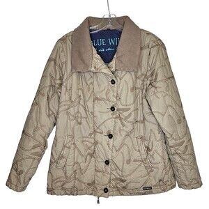 Blue Willi's Quilted Jacket Womens Medium Khaki Cotton Embroidered Lined